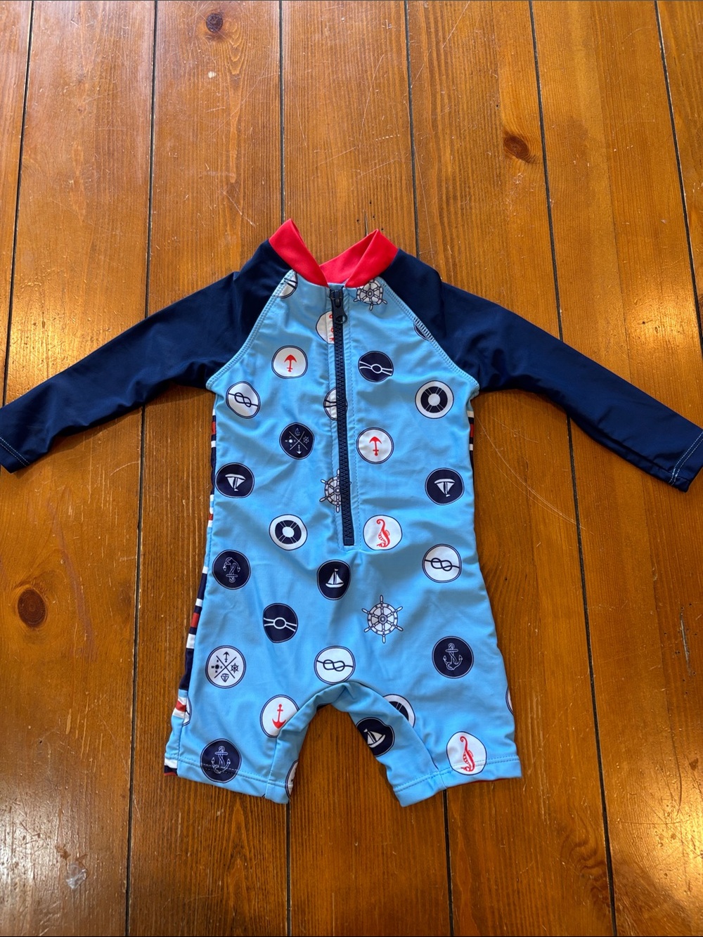 Bonverano Kids Blue Nautical Long Sleeve Rash Guard Swimsuit 6-9 Months EUC